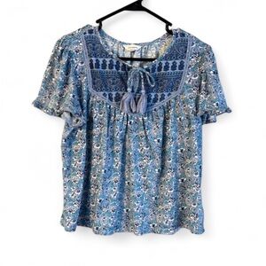 Lucky Brand Blue Floral Tassel Keyhole Short Sleeve Blouse Size Large